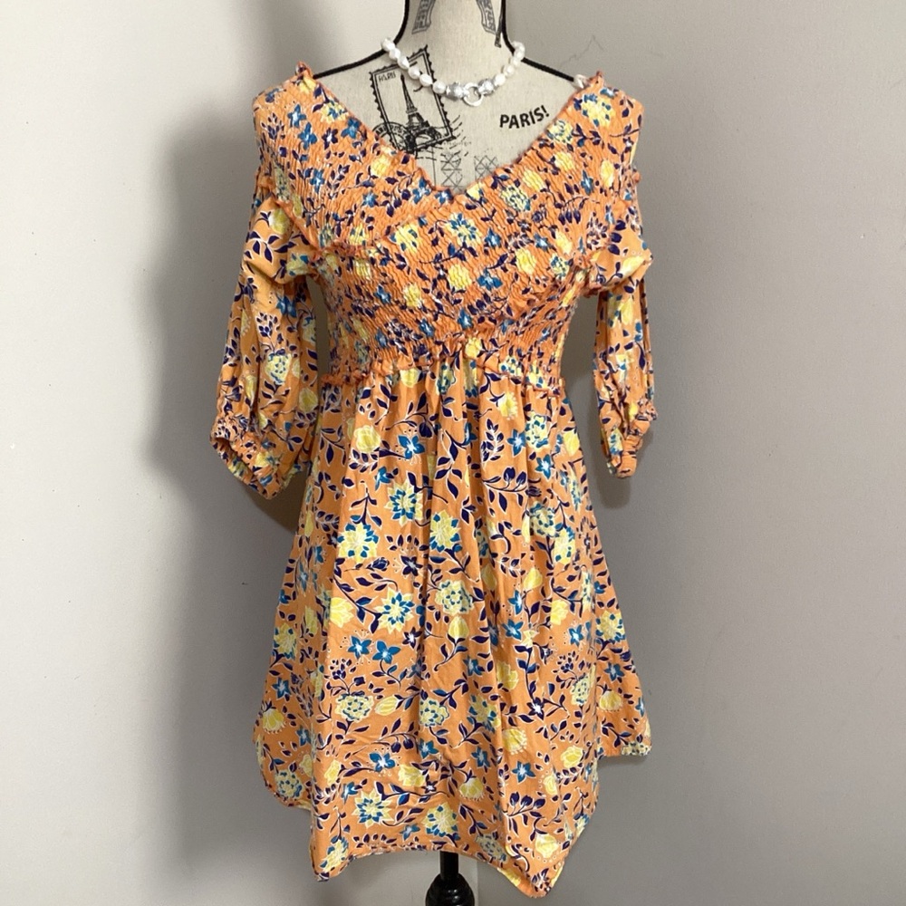 True Destiny Women’s Orange Floral Off-Shoulder Babydoll Mini Dress